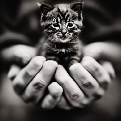 Detailed Portrait of Hands Holding Kitten