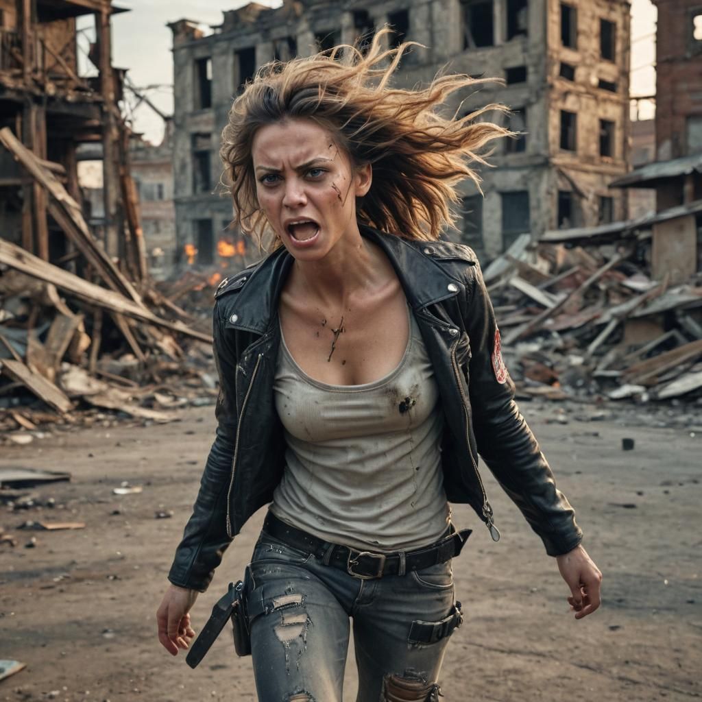 Furious Woman Runs Through Post-Apocalyptic Cityscape
