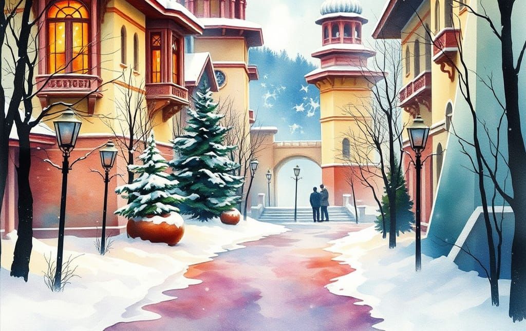 Winter in Kashmir: Art Nouveau Rococo Watercolor