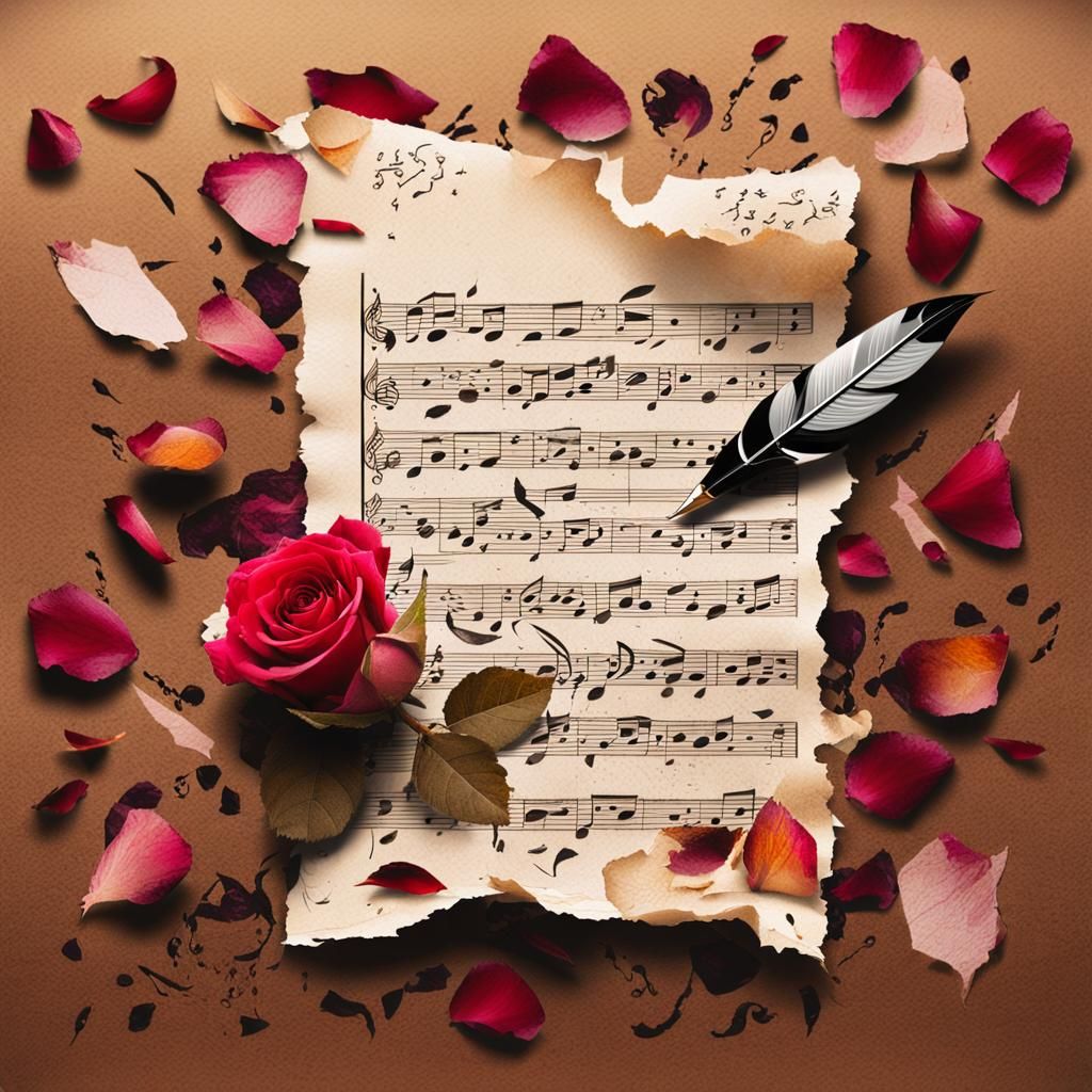 Whimsical Collage of Quill Pen and Musical Notes