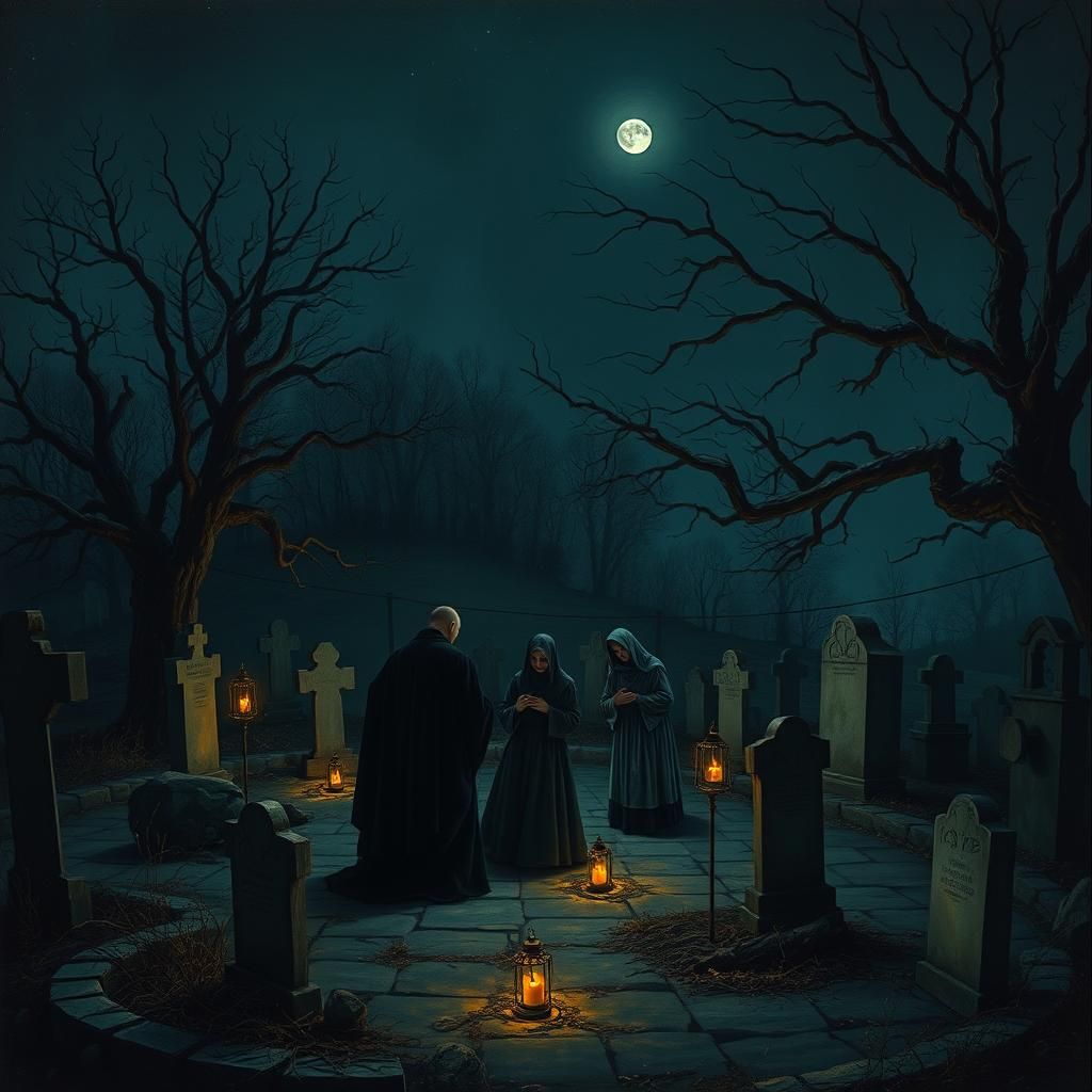 Cemetery Prayer Circle in Dark Romanticism Style