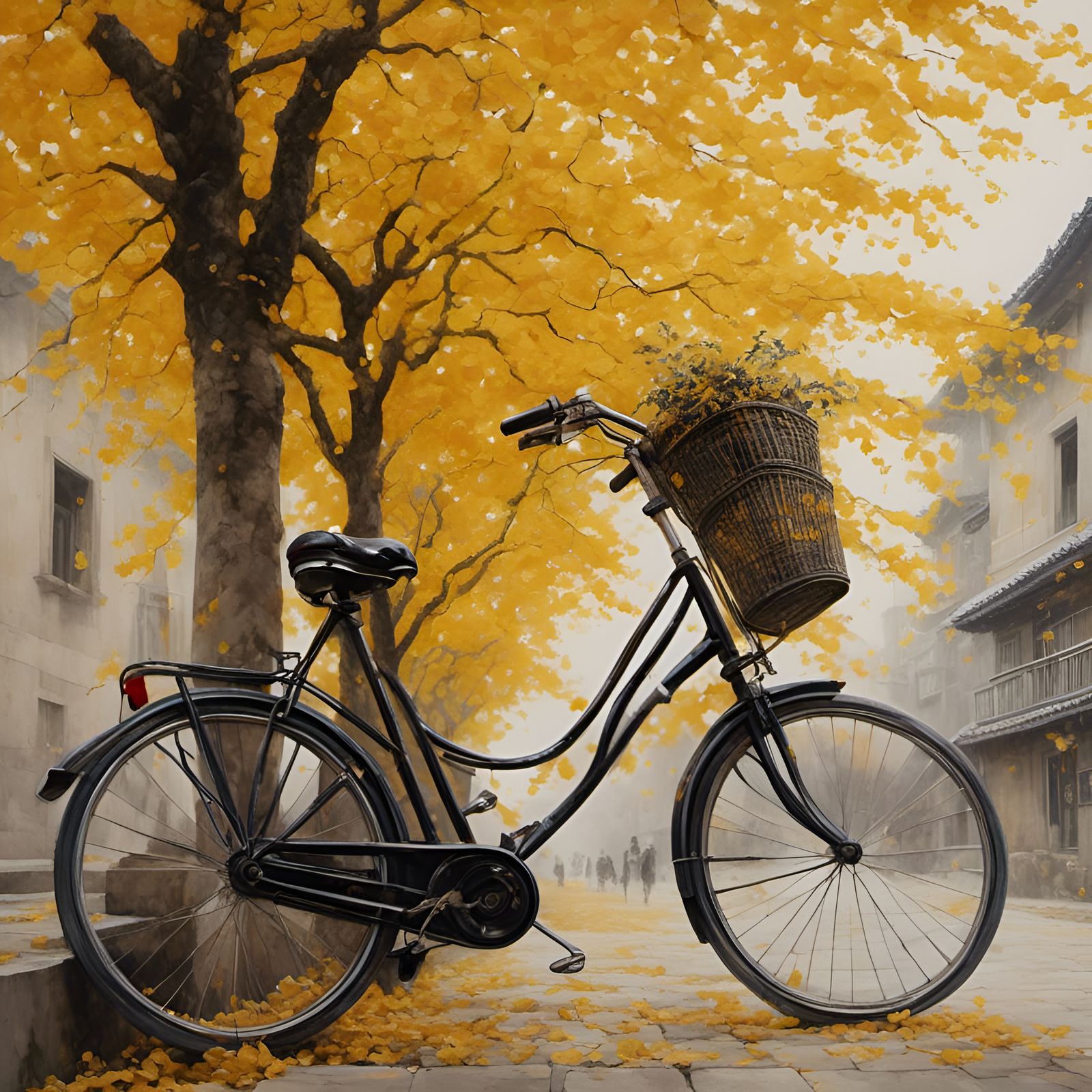 Bicycle Against Yellow Tree: Impressionist Oil Painting