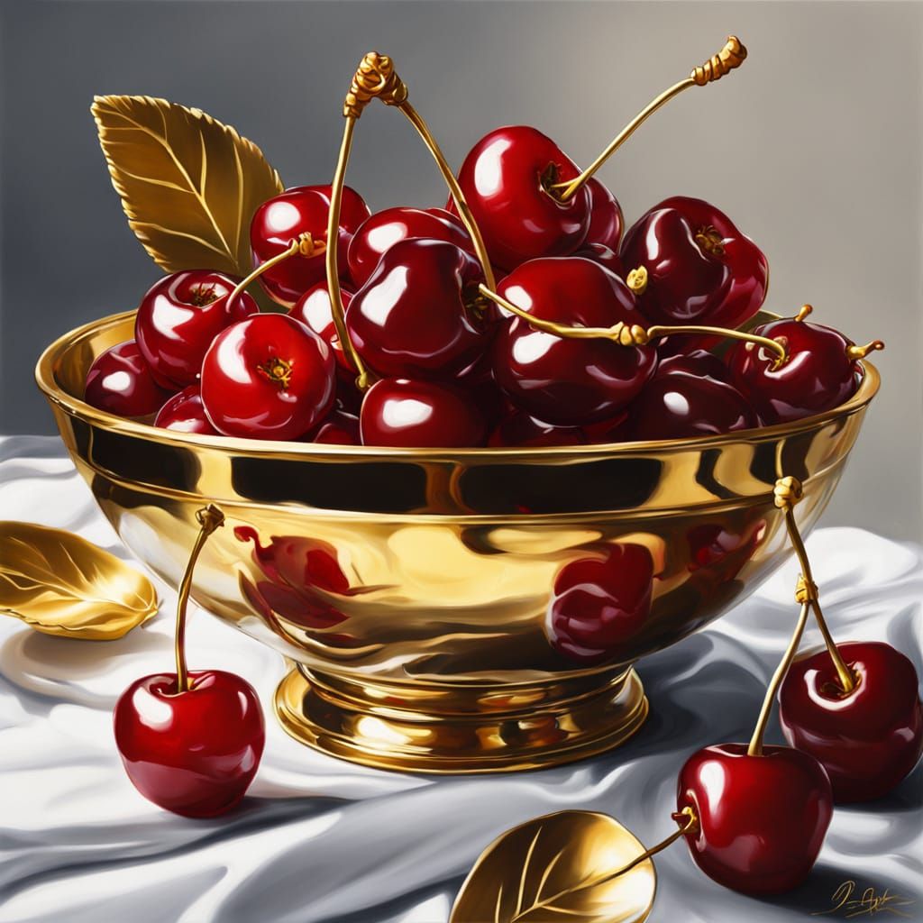 24K Golden Bowl of Cherries in Vibrant Oil Paint