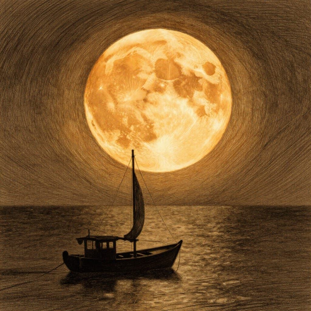 Giant Amber Moon Over Calm Sea in Pencil Drawing Style