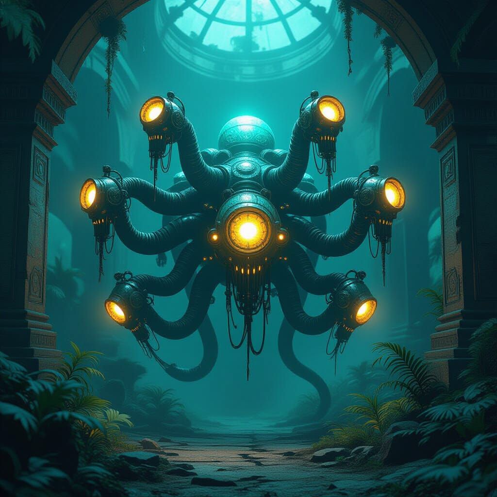 Bioluminescent Steampunk Hydra in Forgotten Temple
