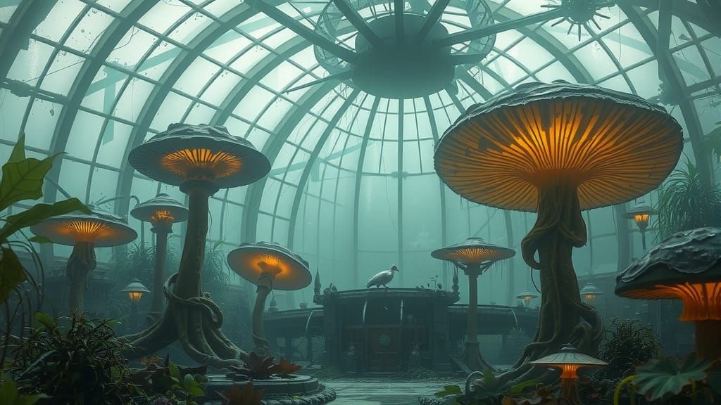 Giant Glowing Mushrooms in Misty Abandoned Greenhouse