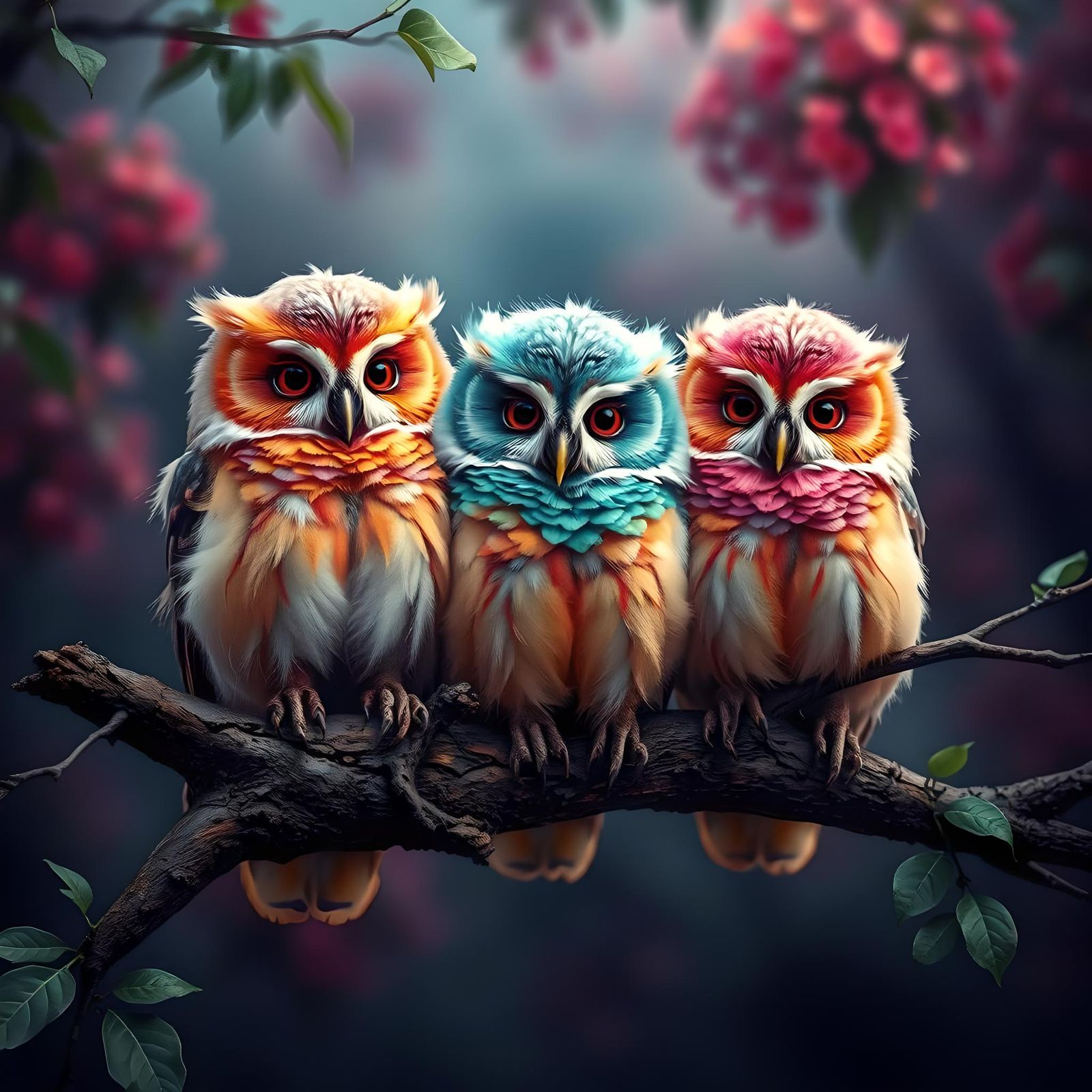Colorful Fluffy Owls on a Branch