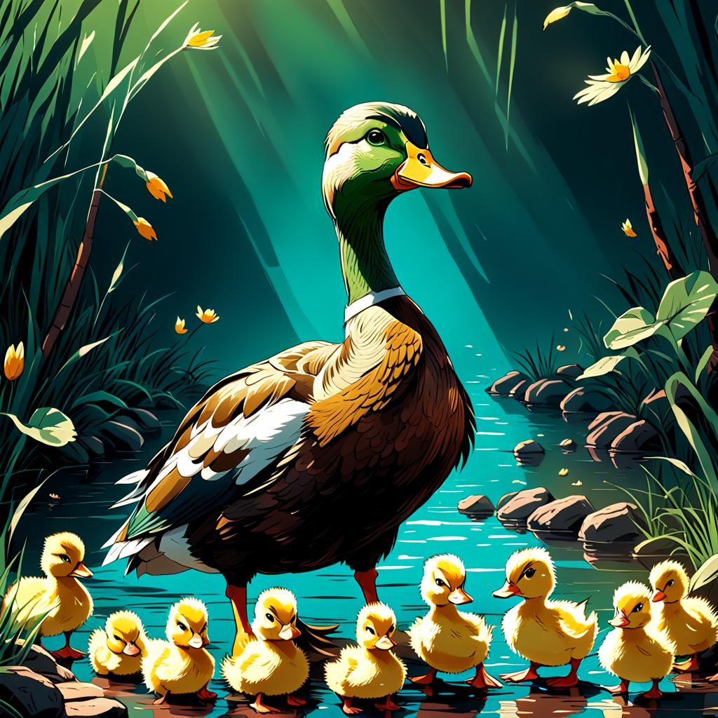 Father Duck and Ducklings in Anime Style