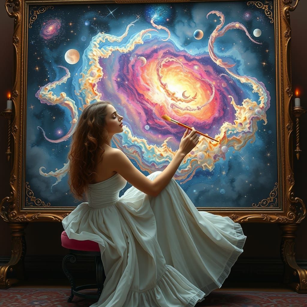 Woman Painting a Galaxy into Reality