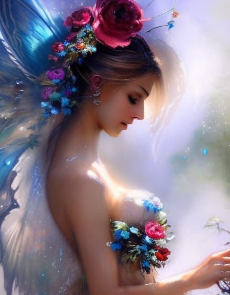 Beautiful Fairy with Butterfly Wings in Garden