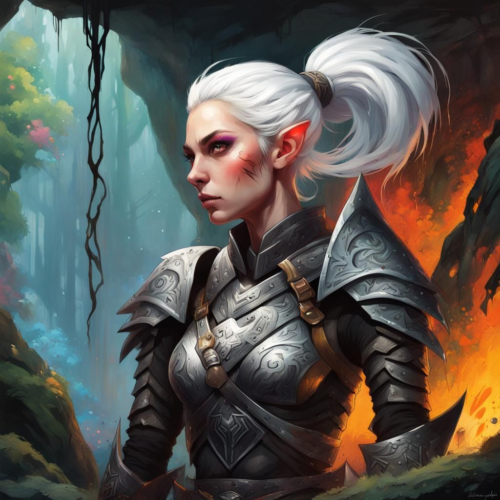 Armored Elf Warrior in Forest Cave: Graffiti Art