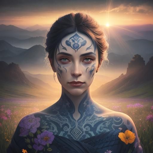 Lady in Prayer: Sunset Landscape Double Exposure