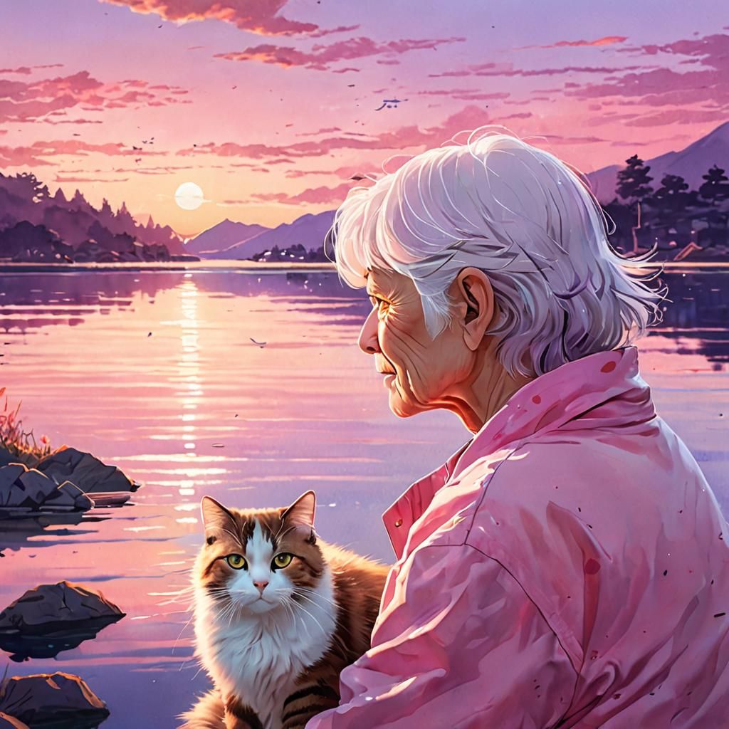 Anime-Style Sunset Lake View with Cat