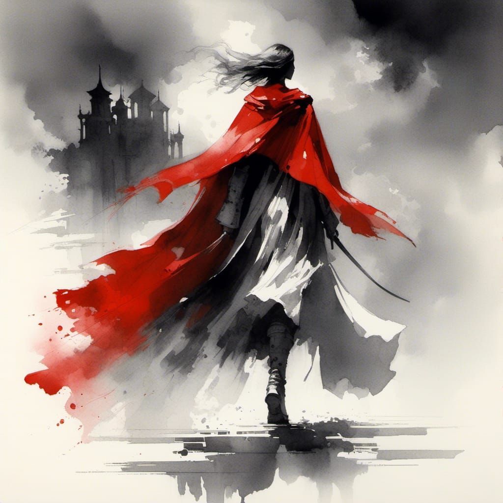 Woman in Red Cape: Black and White Watercolor