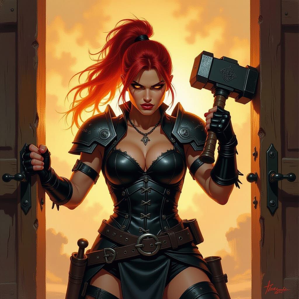 Warrior Woman with Warhammer in Golden Light