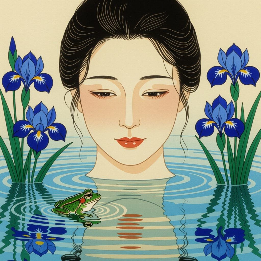 Lunar Reflection: Irises Bloom in Yamato-e Style