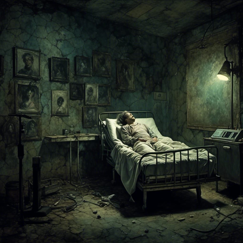 Dark Surrealism: Man in Dimly Lit Hospital Room