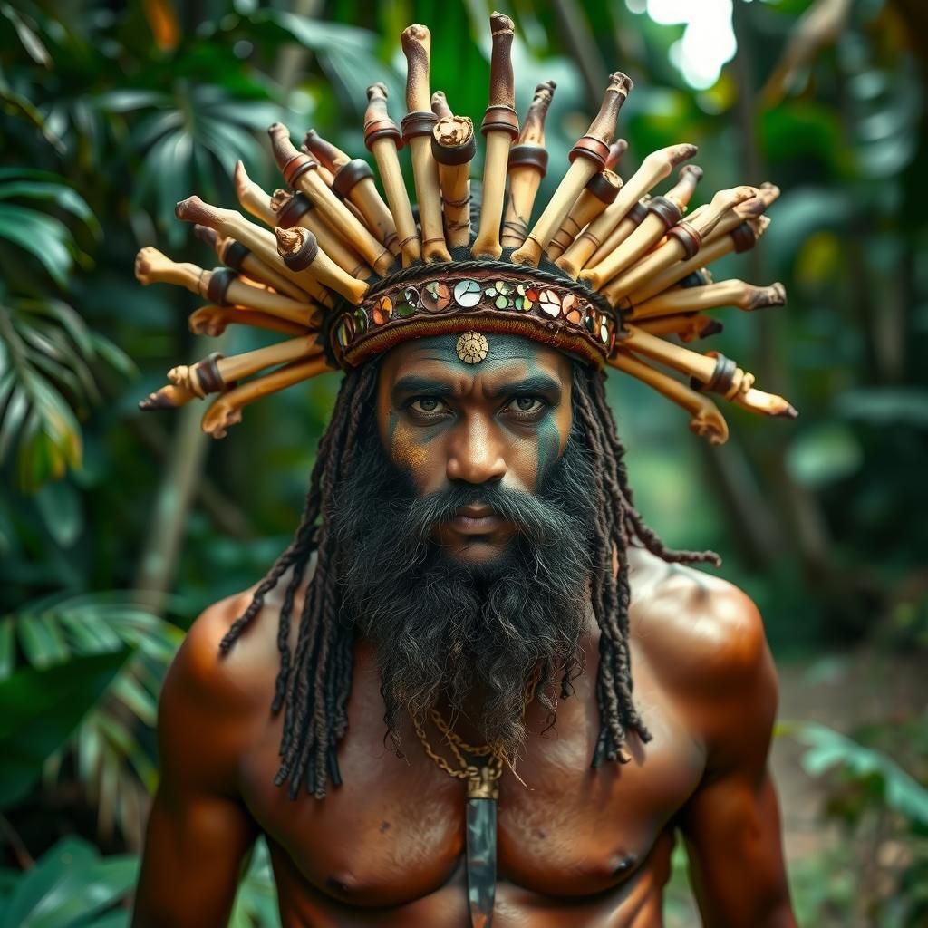 Brazilian Indigenous Warrior in Tropical Forest