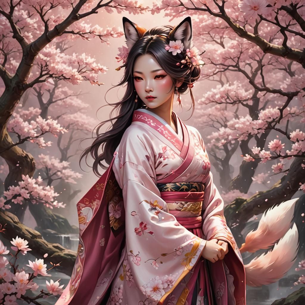 Goddess with Fox Features in Cherry Blossoms