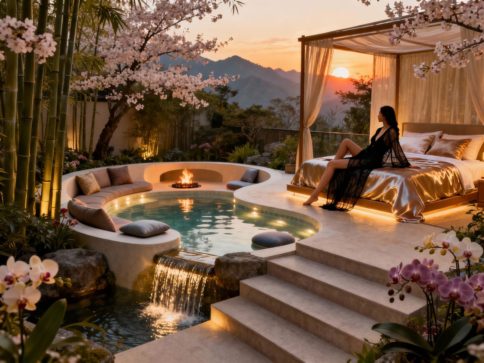Luxurious Asian Garden Oasis with Waterfall and Sunset