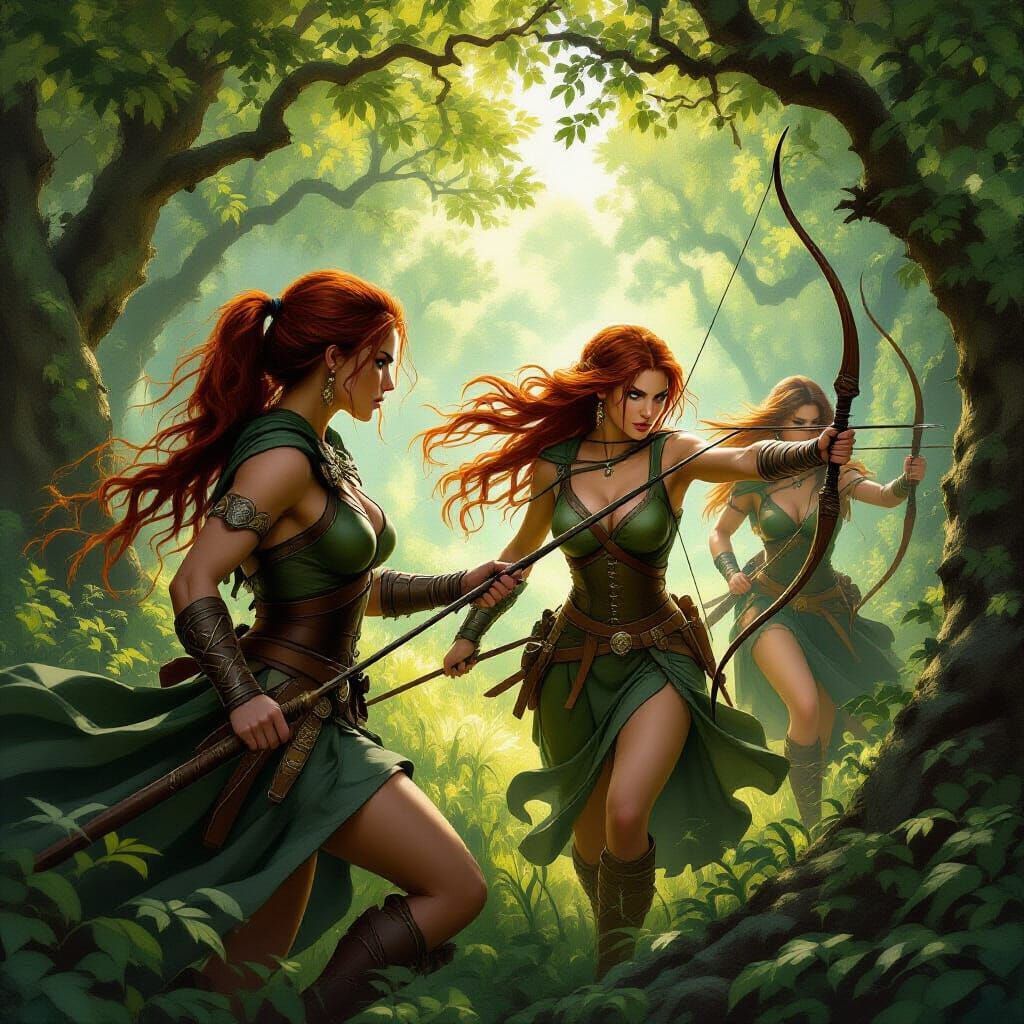 Adara and Artemis Hunt in Sun-Dappled Forest