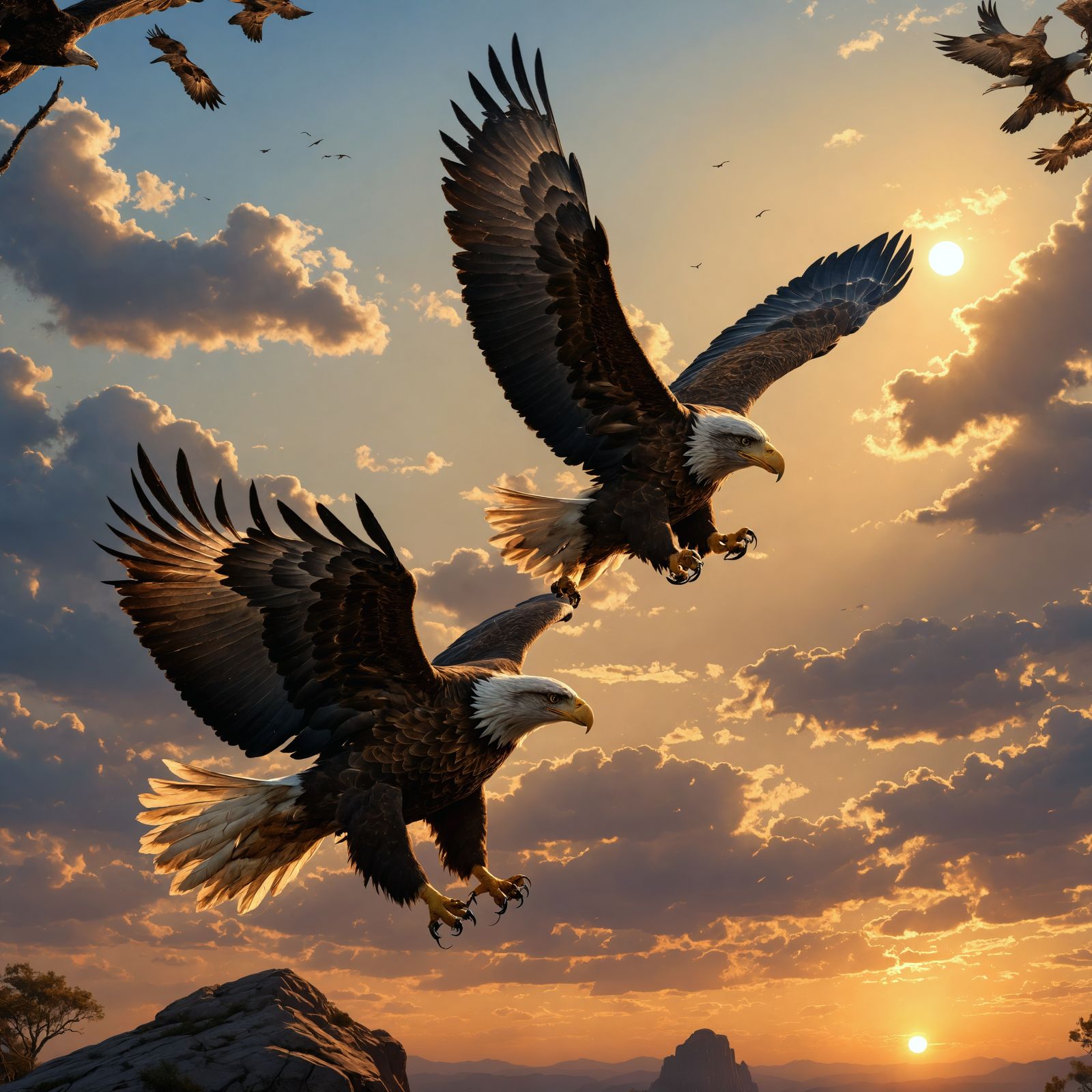 Eagle Flying at Dusk: Watercolor Matte Painting