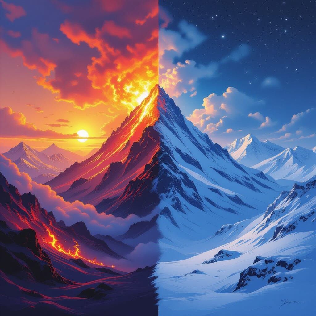 Fiery Volcano Meets Snowy Peak: A Surreal Landscape