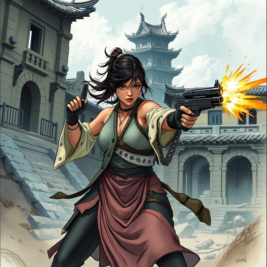 Epic Lara Croft in Traditional Warrior Hanbok, Fierce Firefi...
