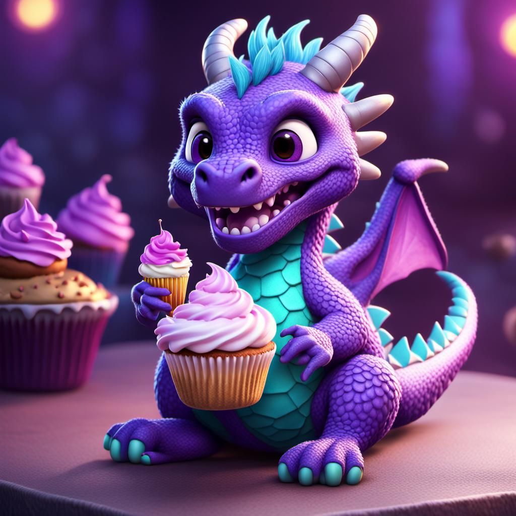Cute fluffy sweet adorable wool baby purple dragon eating a ...