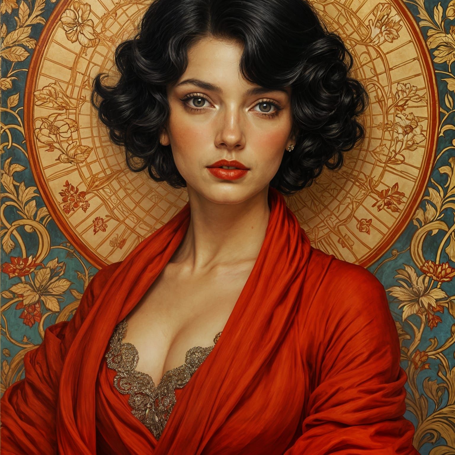 Woman in Red Scarf, Lautrec and Ciurlionis Style