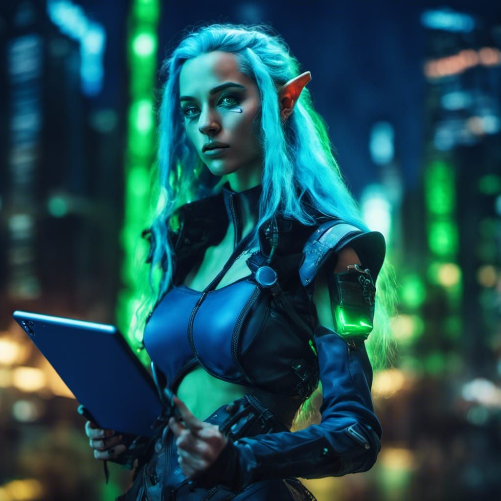 Cyberpunk Elf Warrior in Neon Cityscape