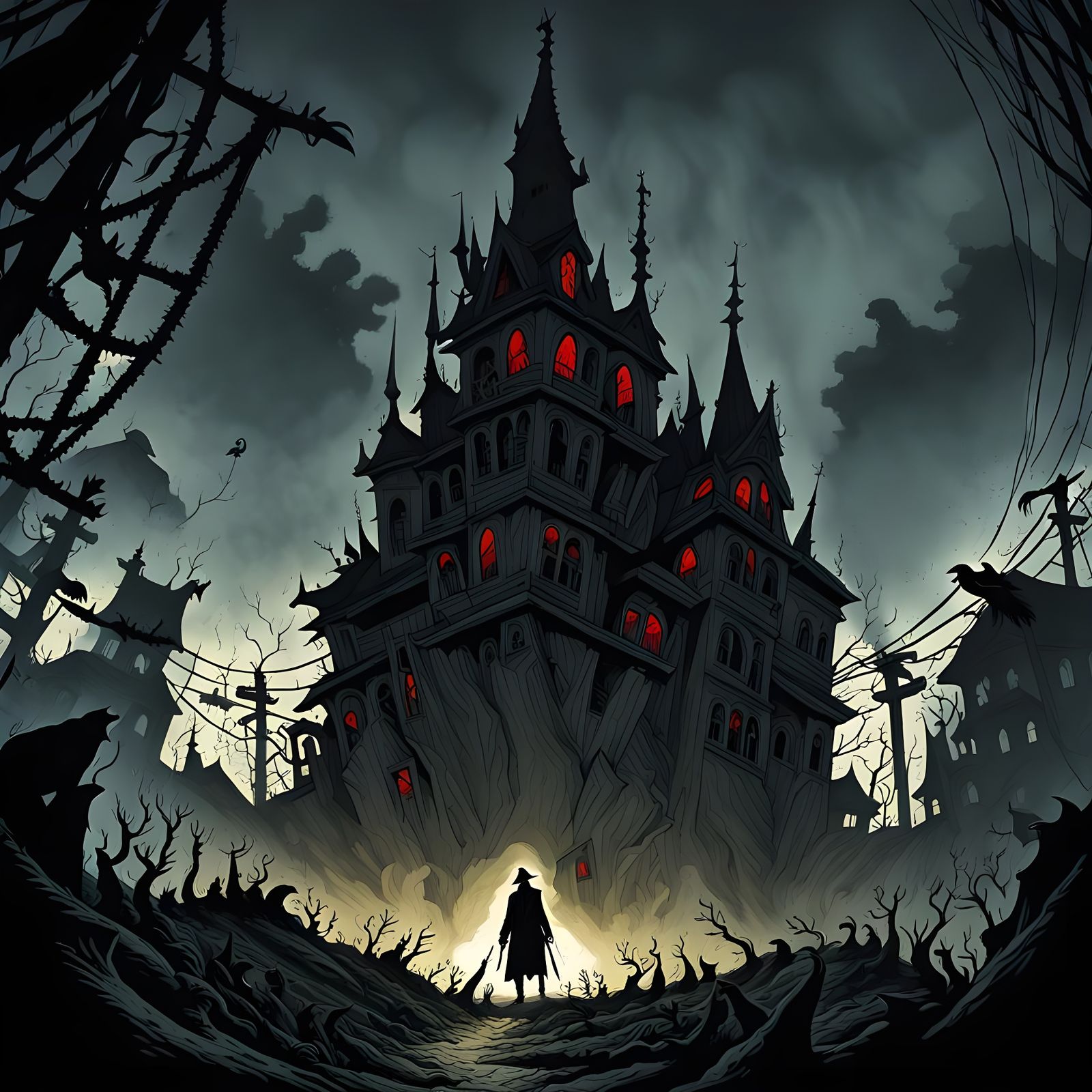 Red-Eyed Crow in Abandoned Victorian Town