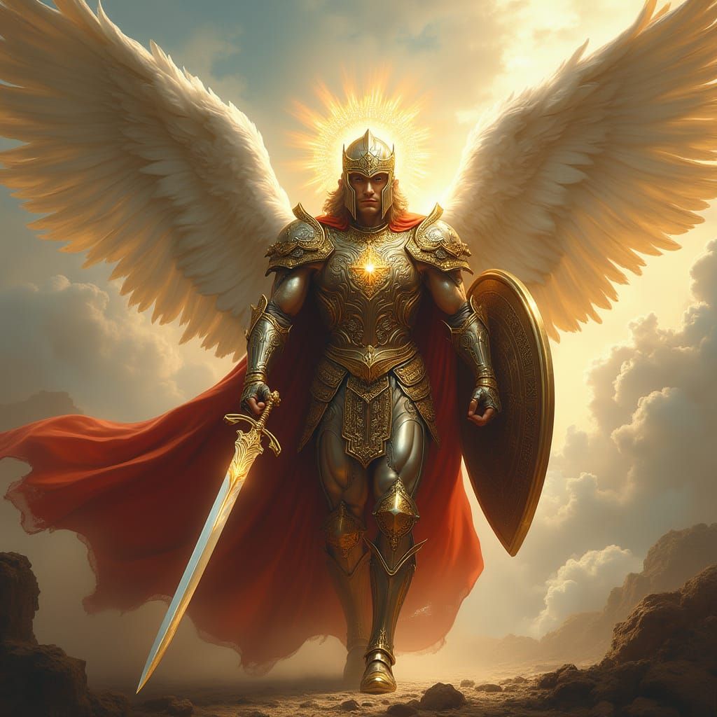 Regal Angel in Golden and Silver Armor Strides Forward with ...