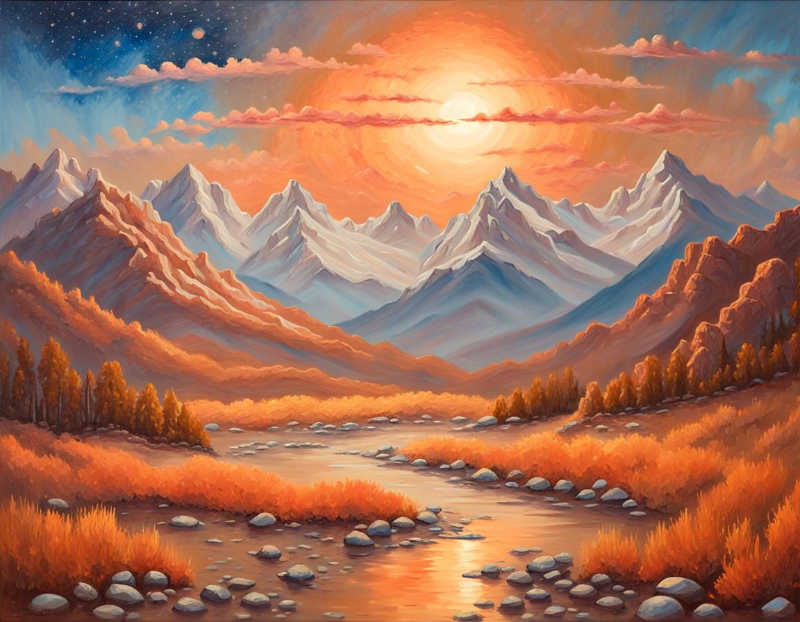 Romanticized Sunset Landscape with Two Suns and Majestic Mou...