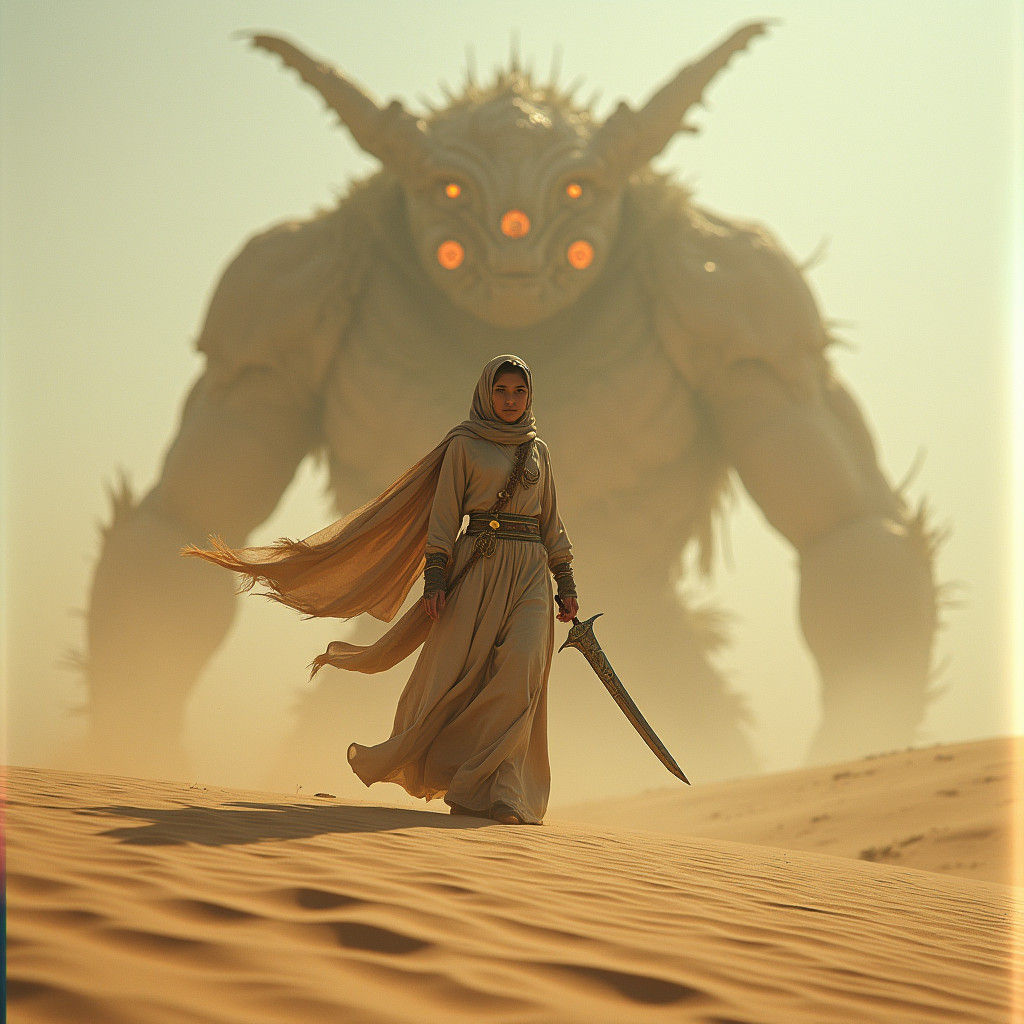 Woman Warrior in Desert Confronts Mythical Creature