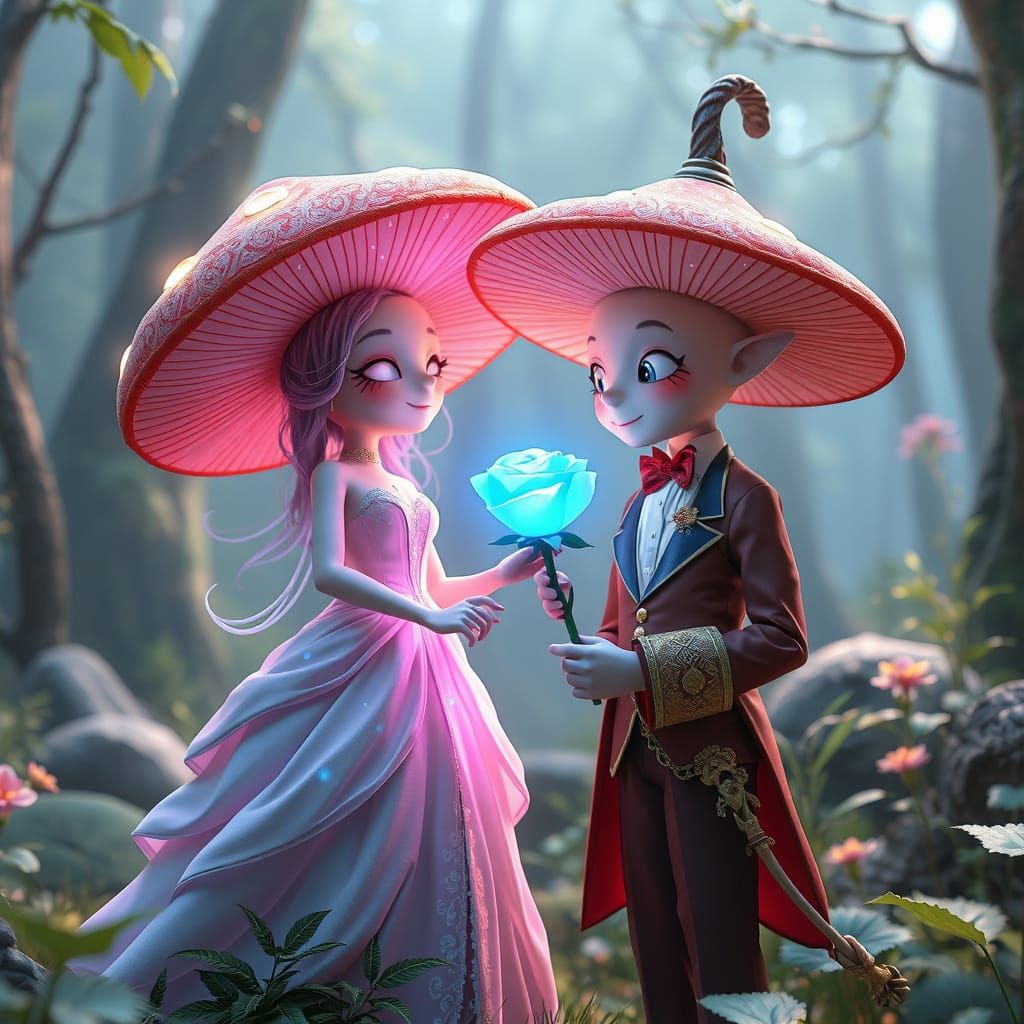 Whimsical Mushroom Romance in Elegant 3D Anime Style