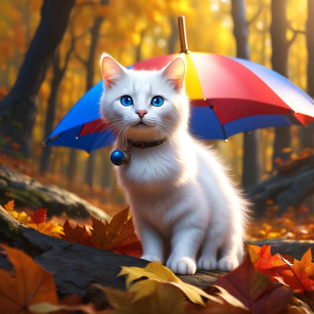 Blue-Eyed Cat Under Umbrella in Autumn Forest
