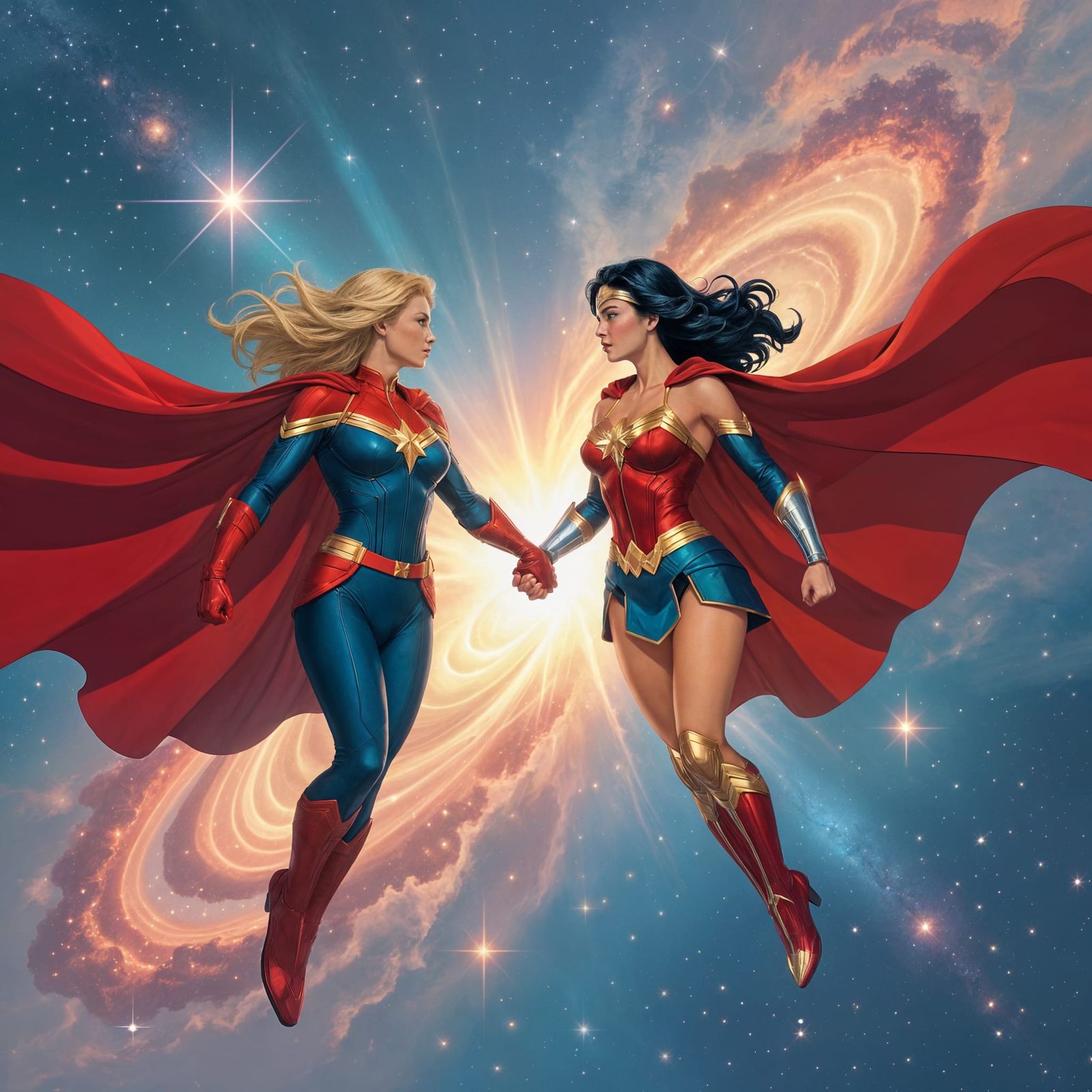 Captain Marvel and Wonder Woman Soaring Through Nebula