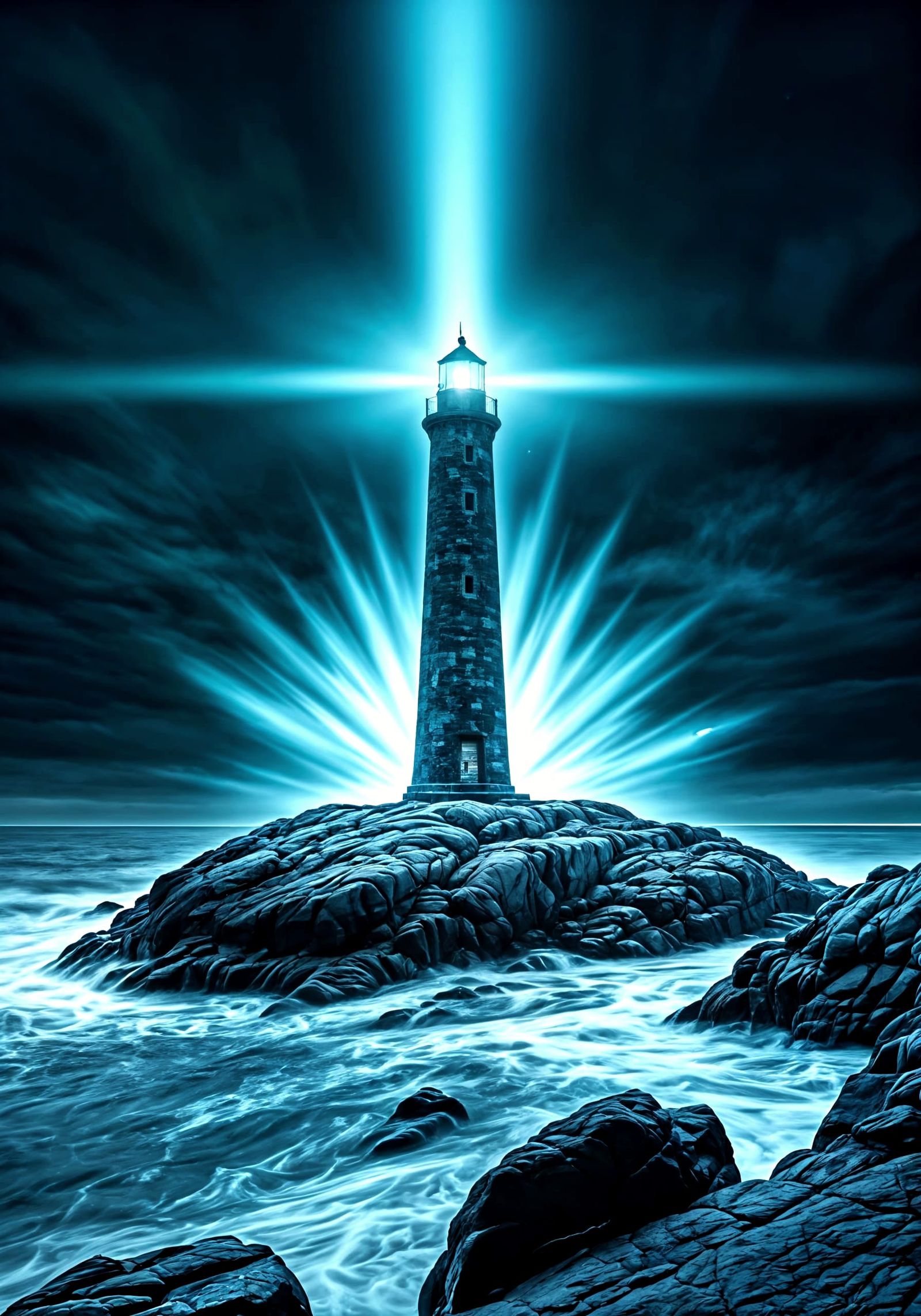 Bioluminescent Lighthouse on Craggy Rock in Stormy Sea