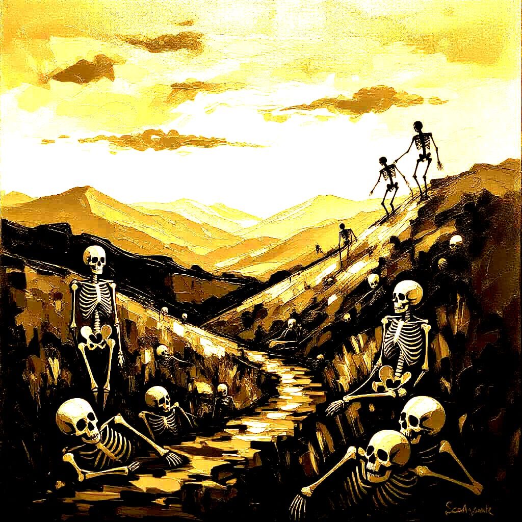 Post-Conflict Sunset: Skeletons Ascend in Expressionist Oil