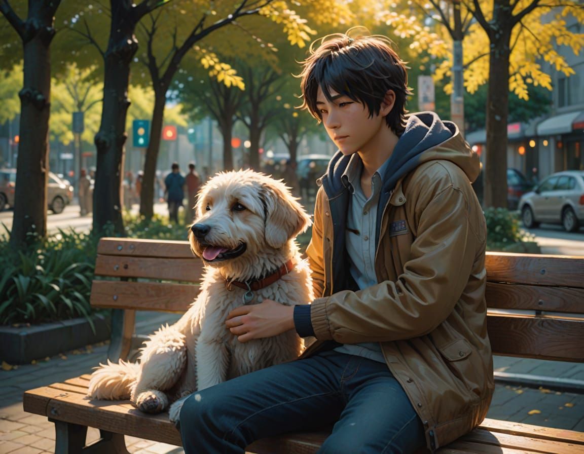 Boy and Dog Embrace in Luminous Park Scene