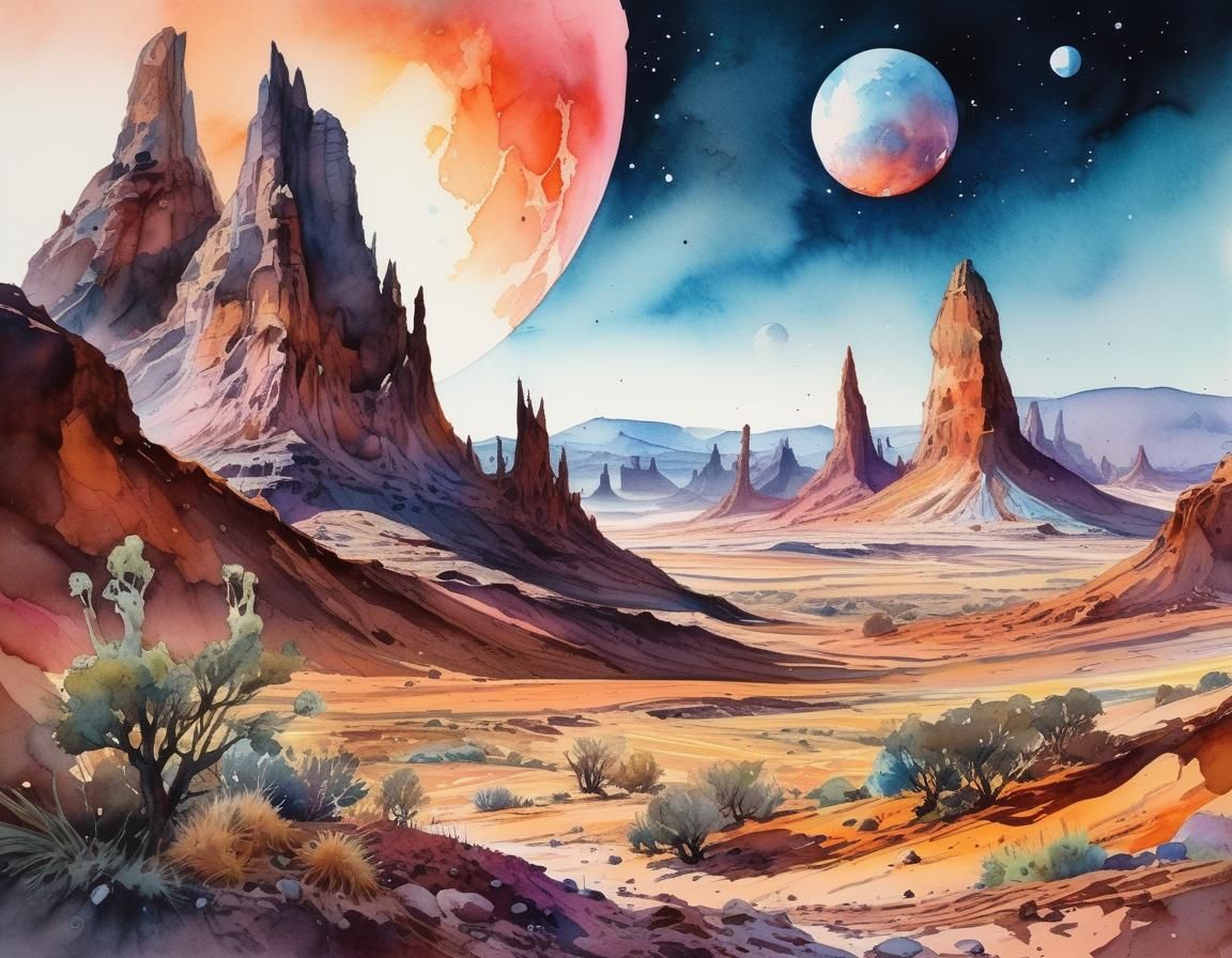 Watercolor Alien Landscape with Extreme Buttes