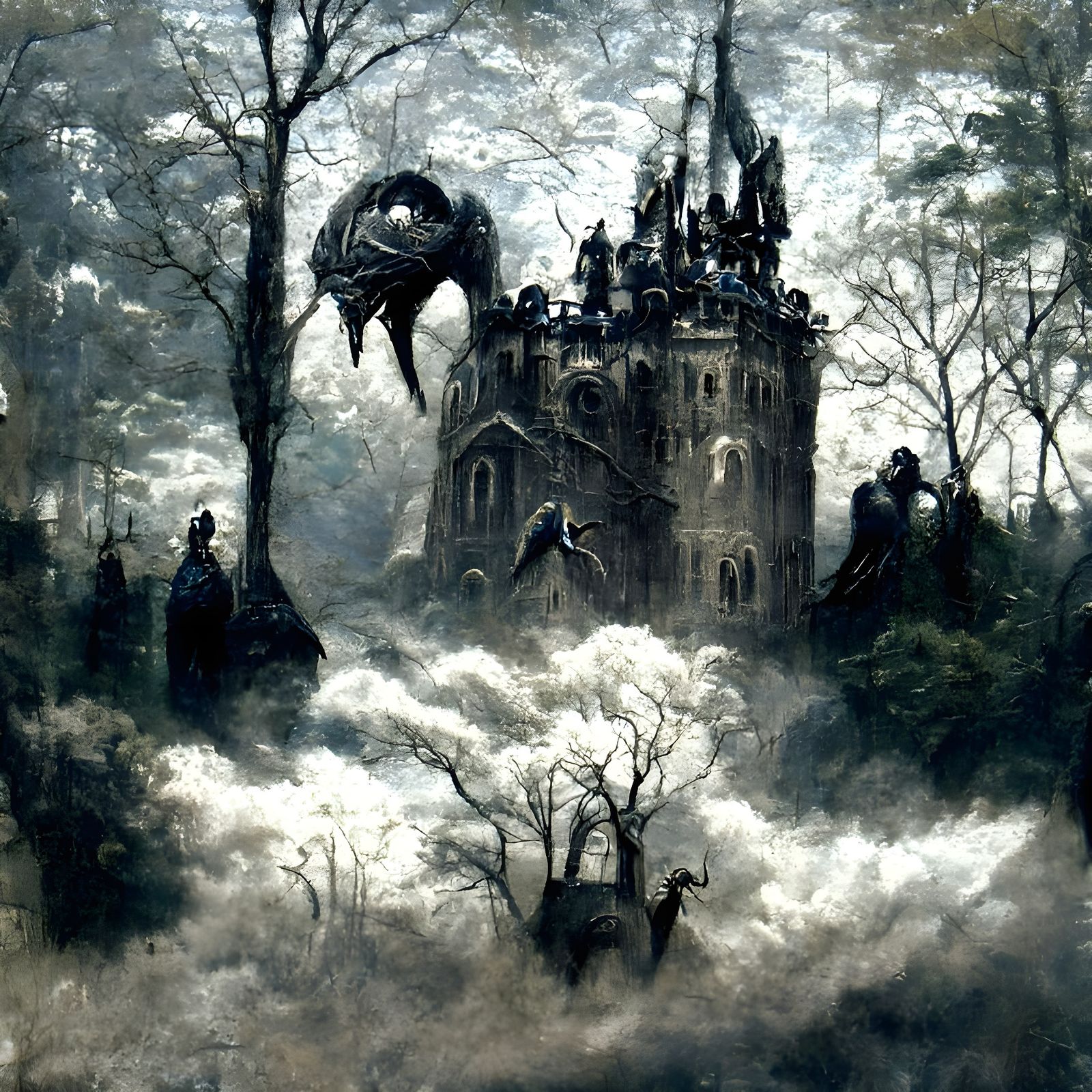 Gothic Castle Surrounded by Flying Creatures