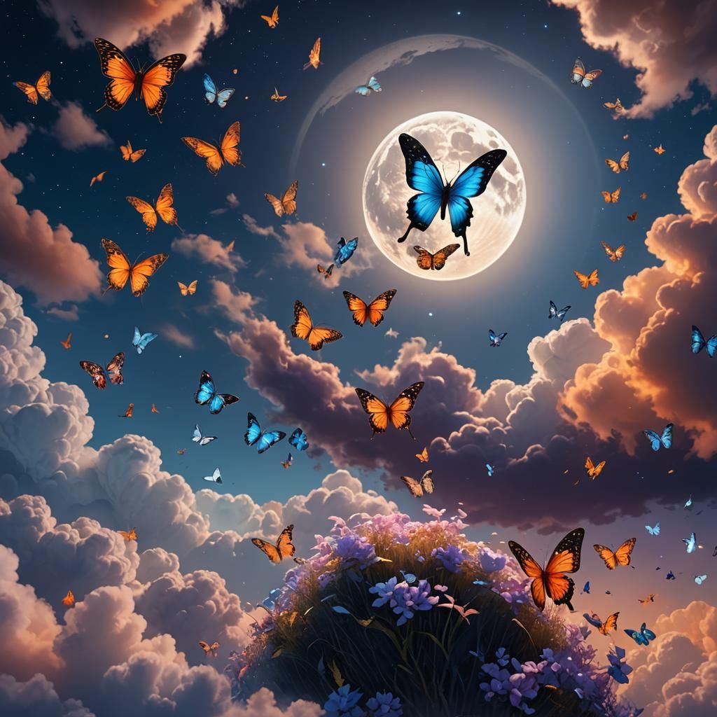 Butterfly and Moon in Vibrant Fantasy Digital Painting
