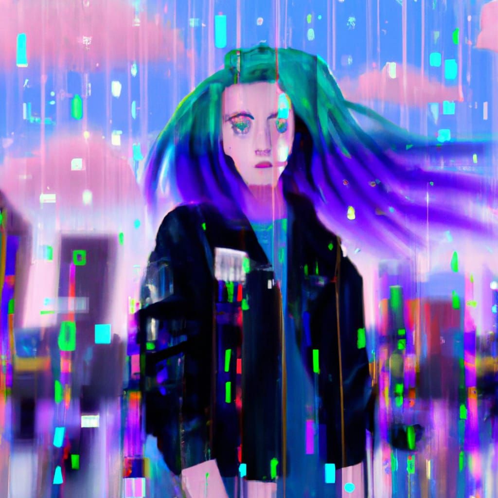Holographic Girl in a Cyberpunk Cityscape