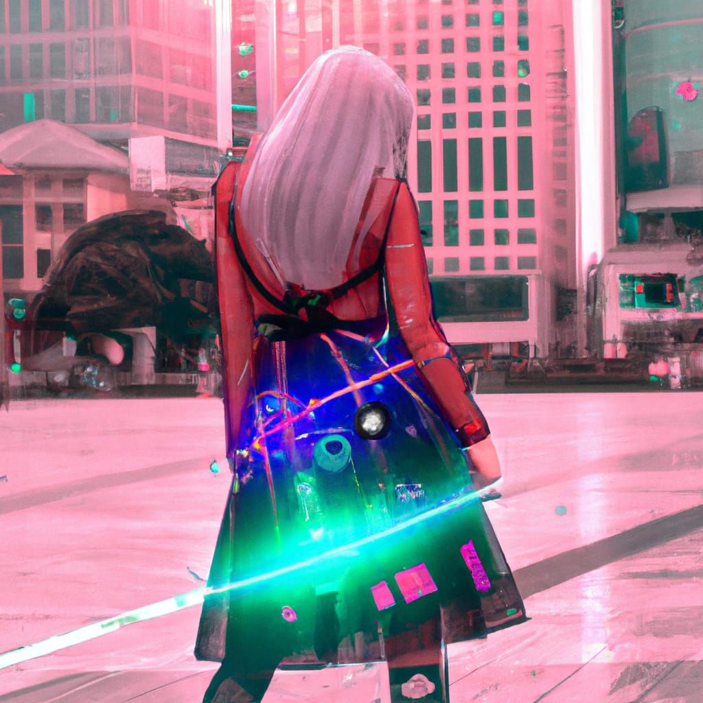 Holographic Girl in Cyberpunk Cityscape