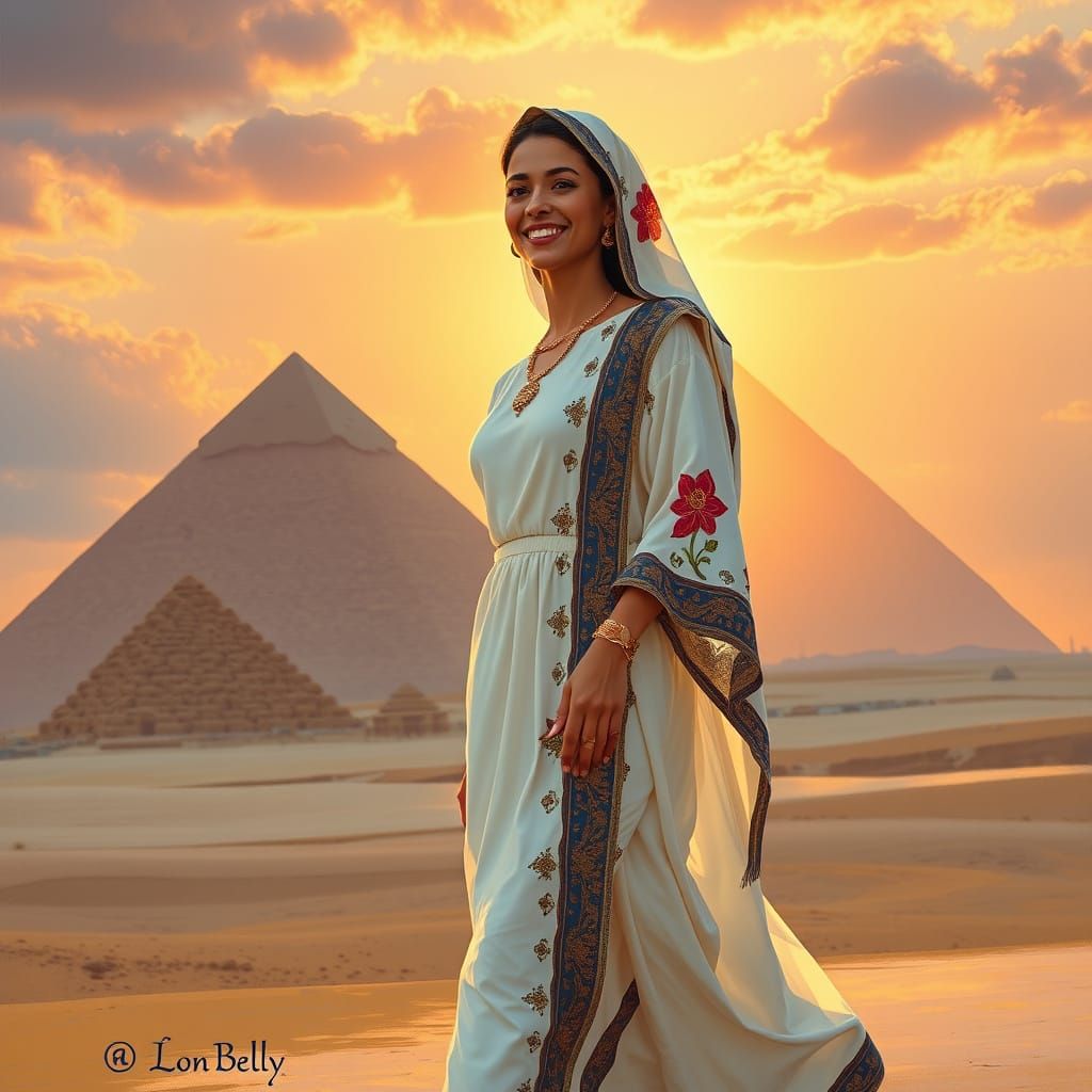 Egyptian Noblewoman Walking Amidst Giza Pyramids