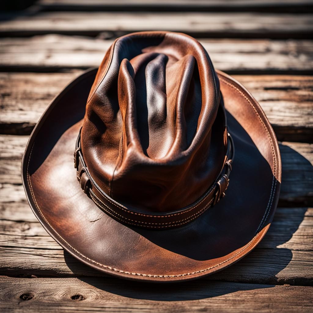 Macro Photo of Worn Leather Hat on Wood