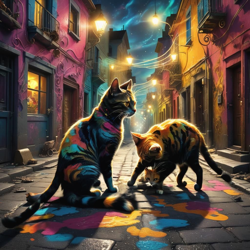 Surreal Cats Playing in Colorful Street Scene