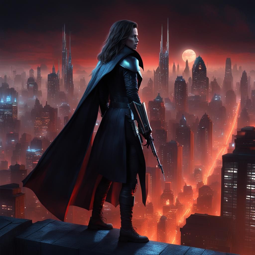 Vampire Warrior in Dark Gothic Sci-Fi Cityscape